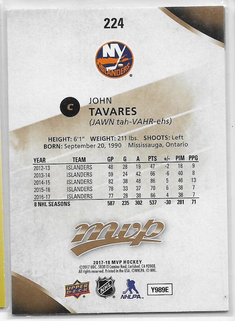 2017-18 Upper Deck MVP #224 John Tavares\ NI 1