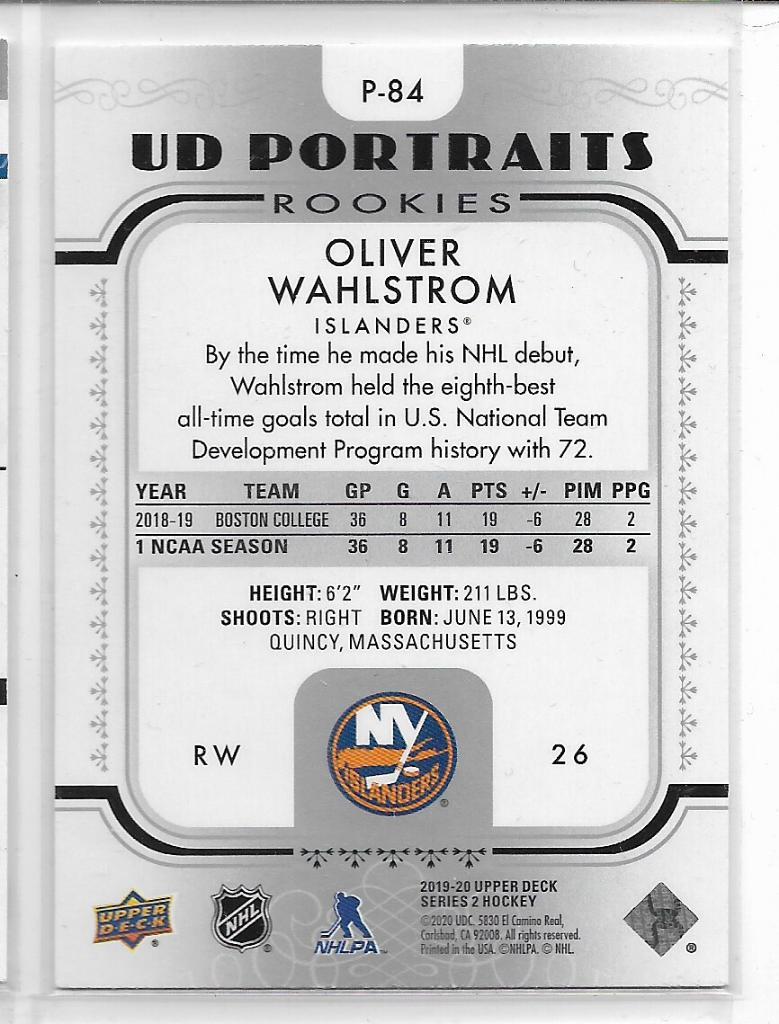 2019-20 Upper Deck UD Portraits #P84 Oliver Wahlstrom\ NI 1