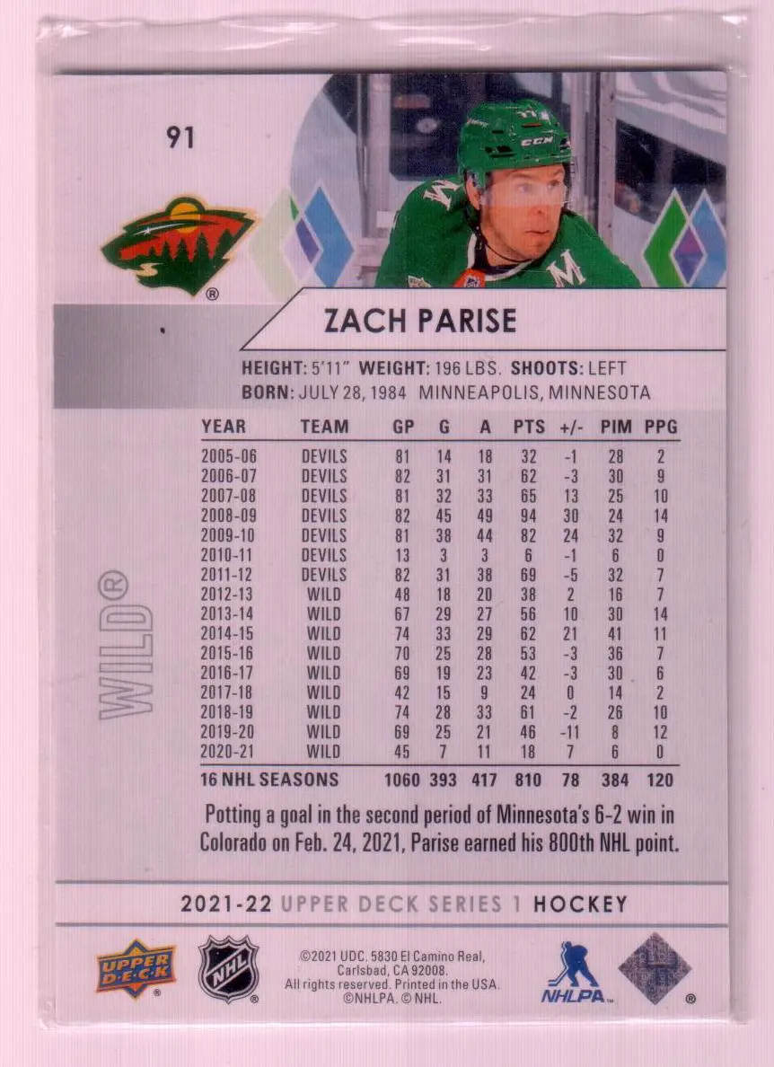 2021-22 Upper Deck Series 1 #91 Zach Parise Minnesota Wild 1
