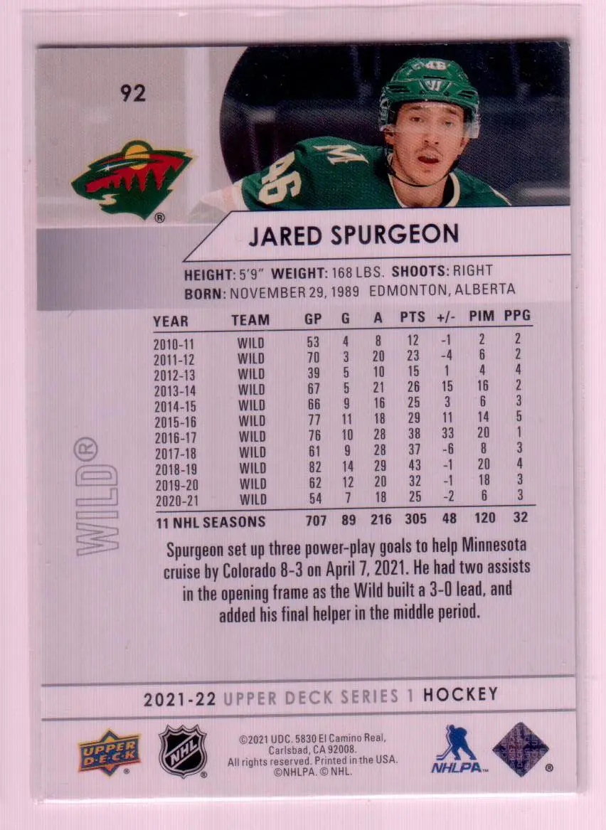 2021-22 Upper Deck Series 1 #91 92 Jared Spurgeon Minnesota Wild 1