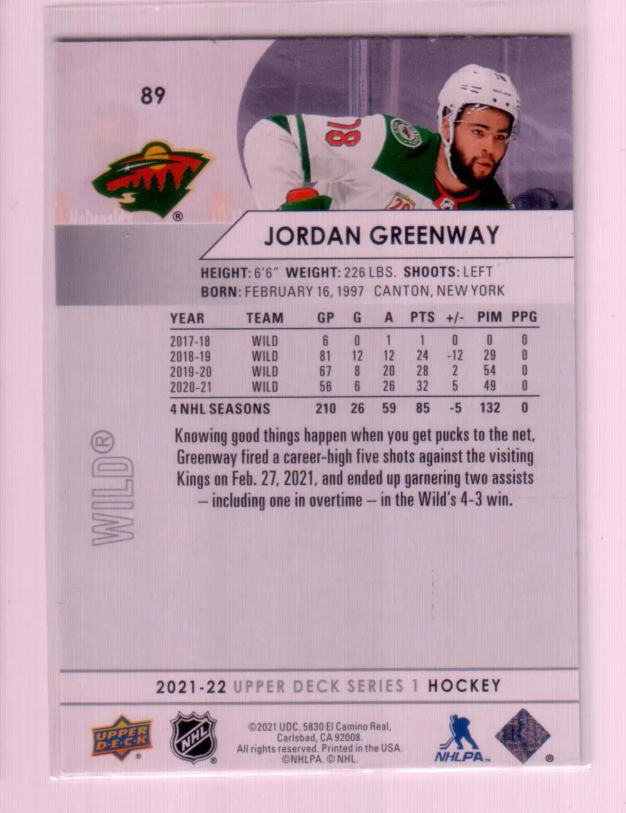 2021-22 Upper Deck Series 1 #89 Jordan Greenway Minnesota Wild 1
