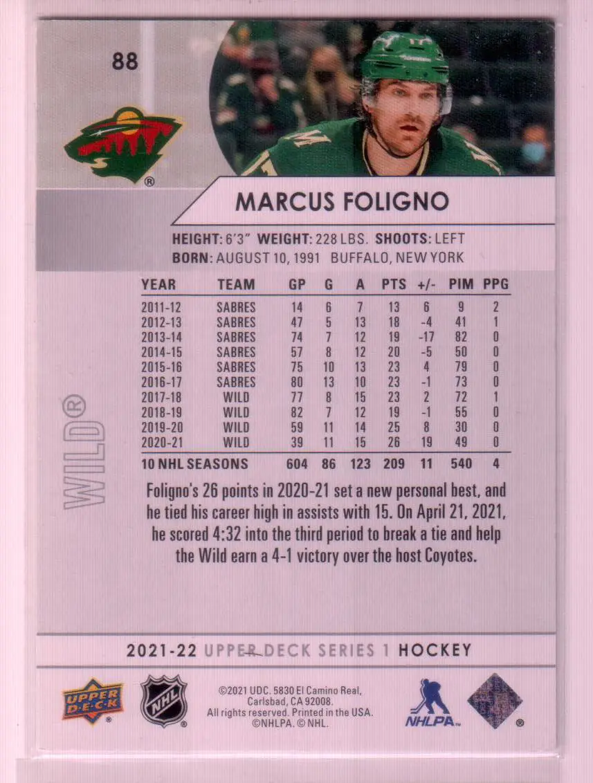 2021-22 Upper Deck Series 1 #88 Marcus Foligno Minnesota Wild 1