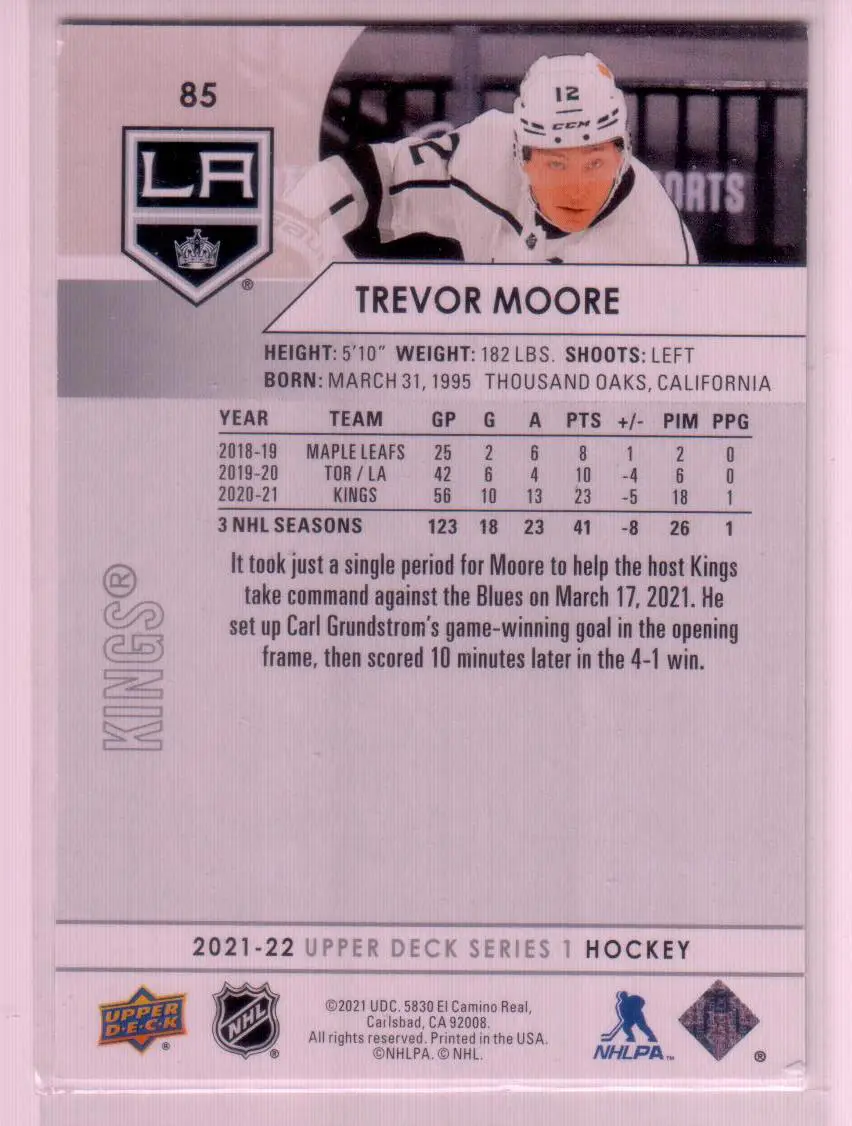 2021-22 Upper Deck Series 1 #85 Trevor Moore Los Angeles Kings 1