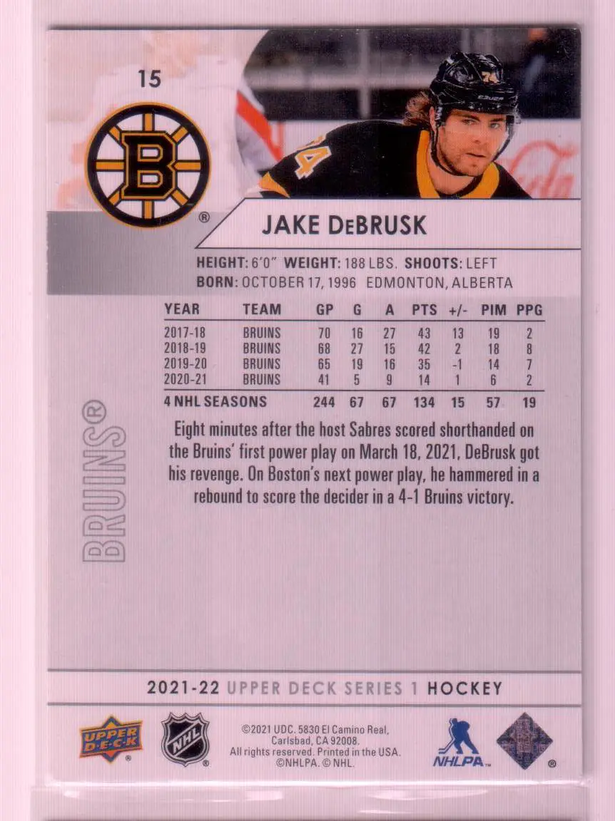 2021-22 Upper Deck Series 1 #15 Jake DeBrusk Boston Bruins 1