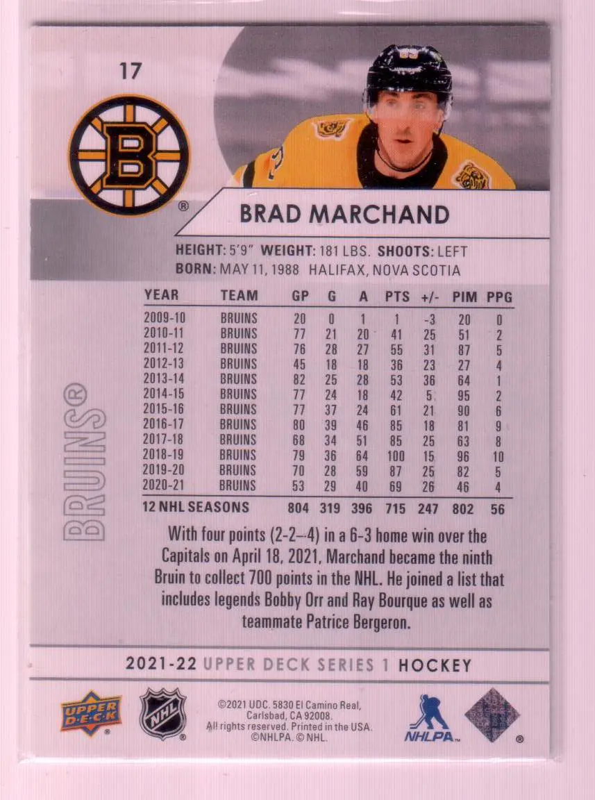 2021-22 Upper Deck Series 1 Base #16 Brad Marchand Boston Bruins 1