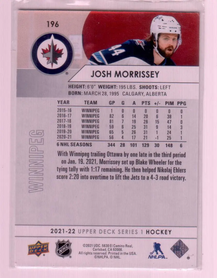 2021-22 Upper Deck Series 1 Base #196 Josh Morrissey - Winnipeg Jets 1
