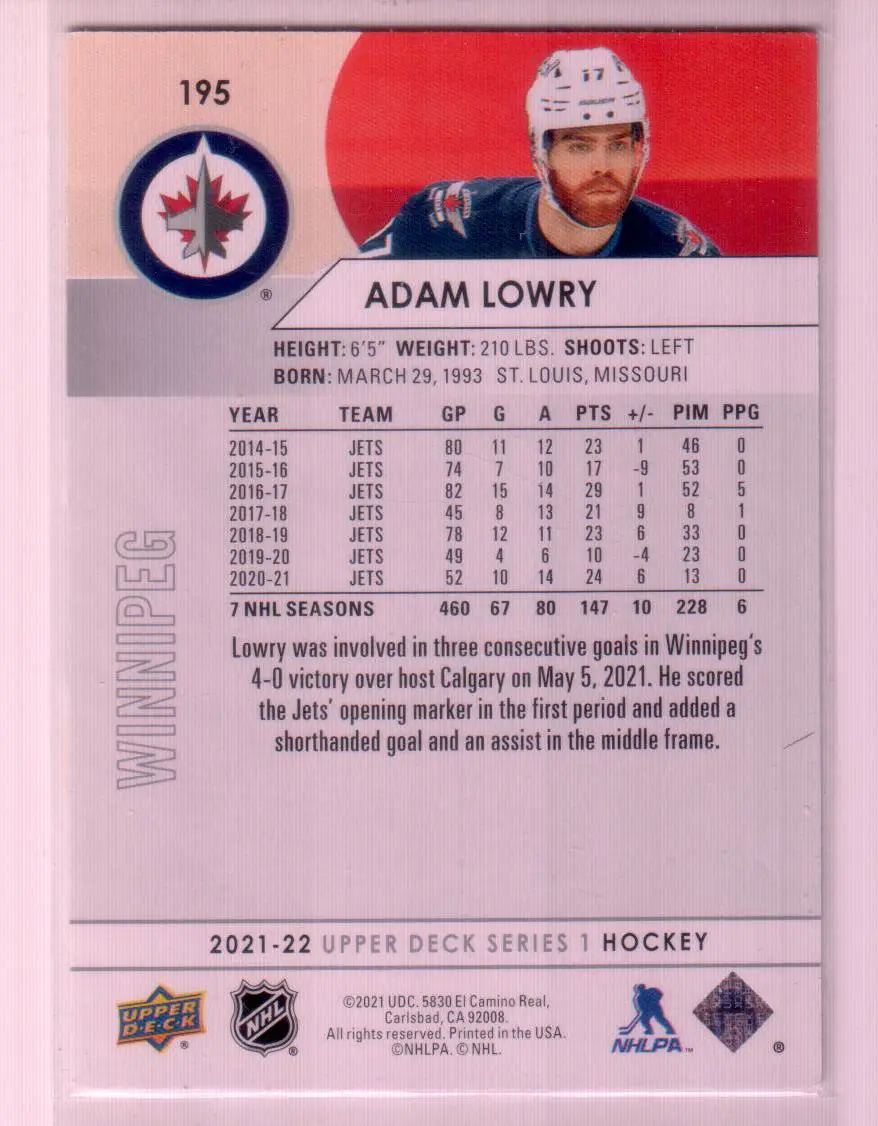 2021-22 Upper Deck Series 1 Base #195 Adam Lowry - Winnipeg Jets 1