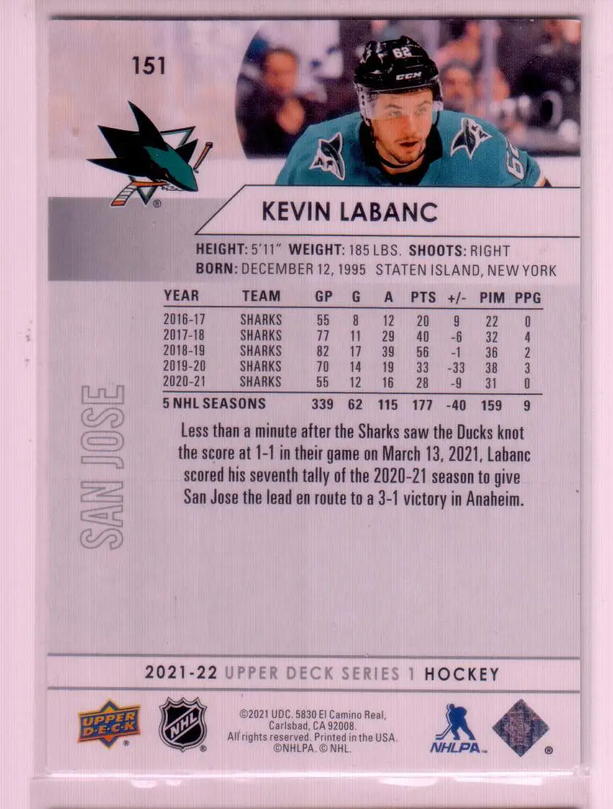 2021-22 Upper Deck Series 1 Base #151 Kevin Labanc - San Jose Sharks 1