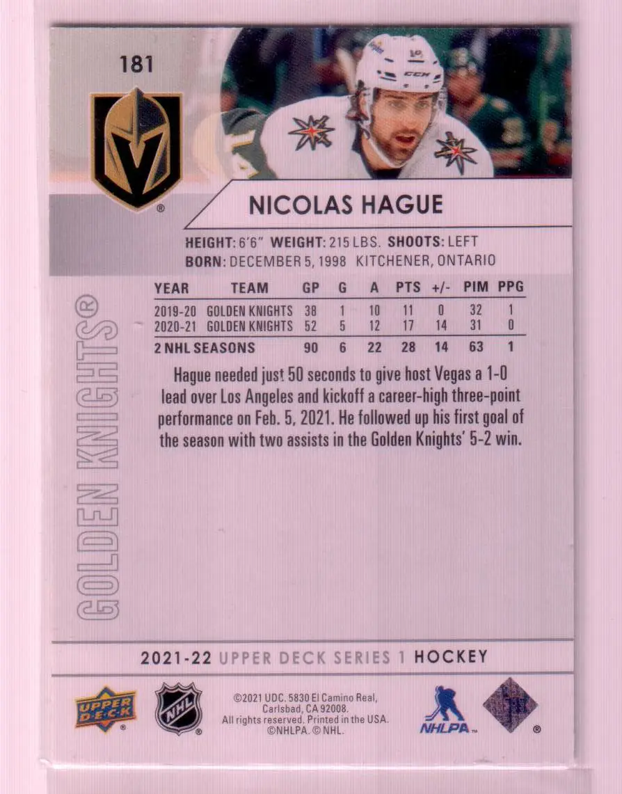 2021-22 Upper Deck Series 1 Base #181 Nicolas Hague - Vegas Golden Knights 1