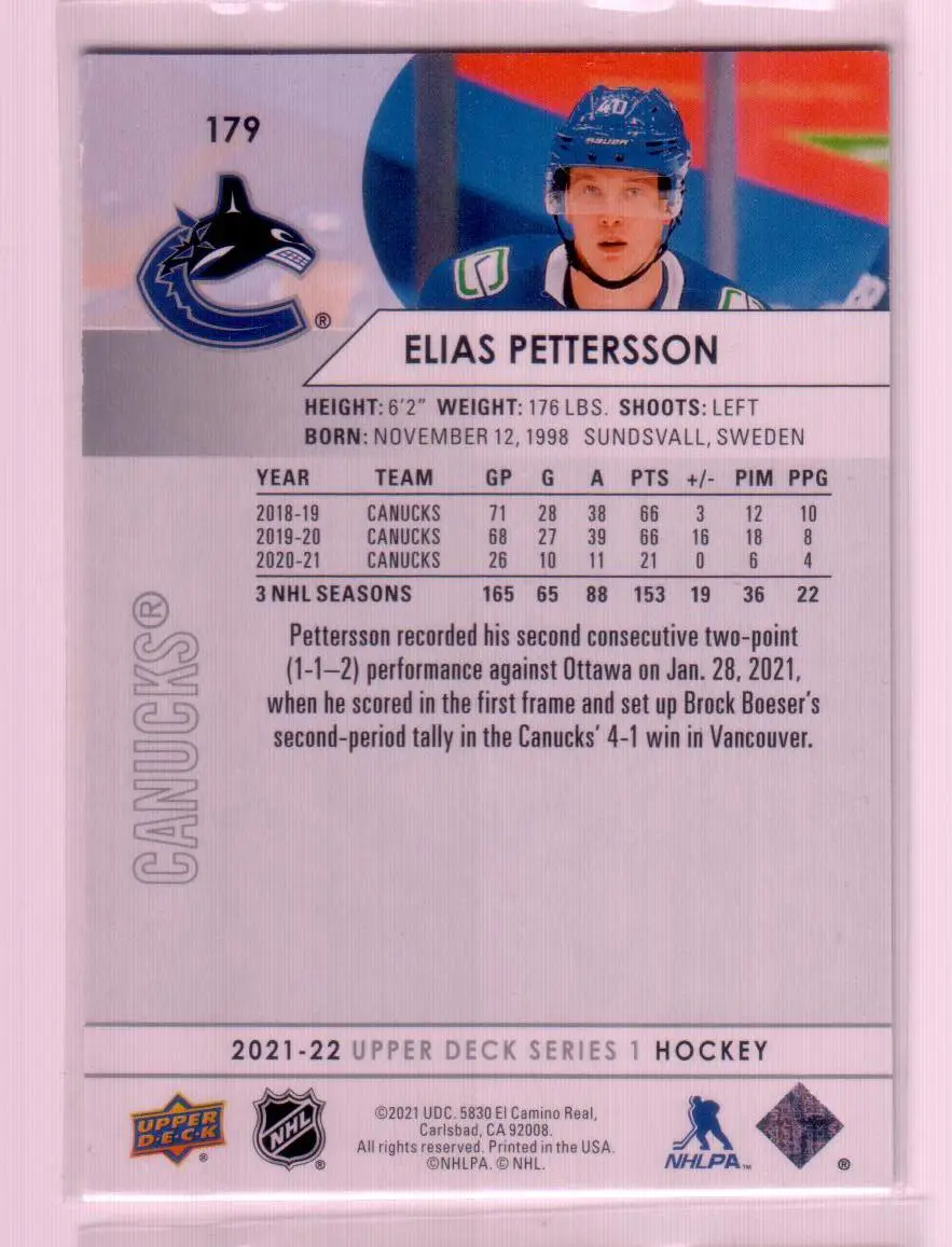 2021-22 Upper Deck Series 1 Base #179 Elias Pettersson - Vancouver Canucks 1