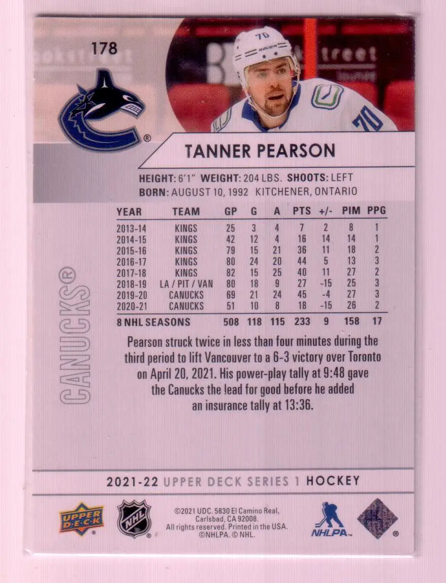 2021-22 Upper Deck Series 1 Base #178 Tanner Pearson - Vancouver Canucks 1
