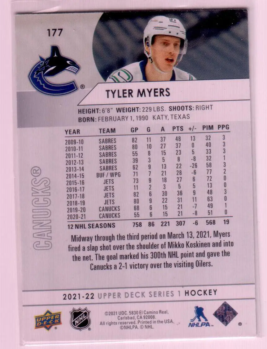 2021-22 Upper Deck Series 1 Base #177 Tyler Myers - Vancouver Canucks 1