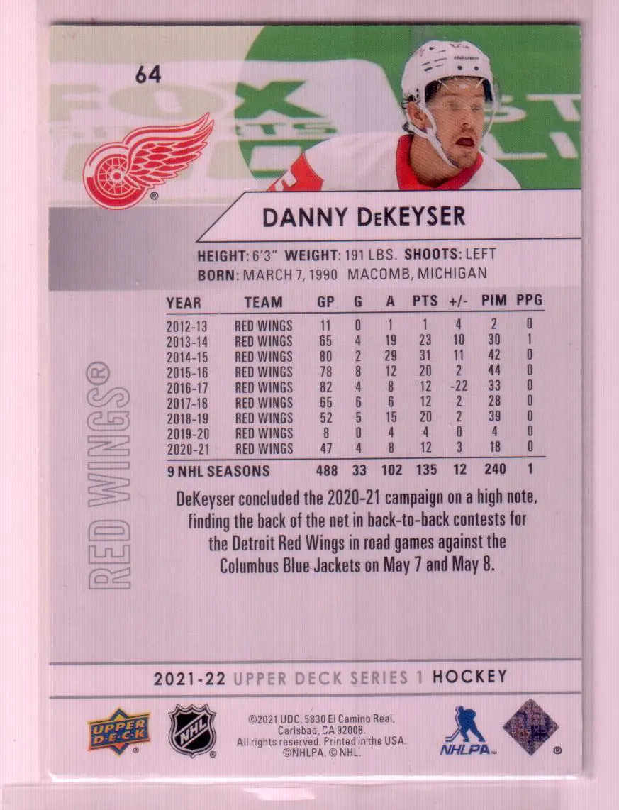 2021-22 Upper Deck Series 1 Base #64 Danny DeKeyser - Detroit Red Wings 1