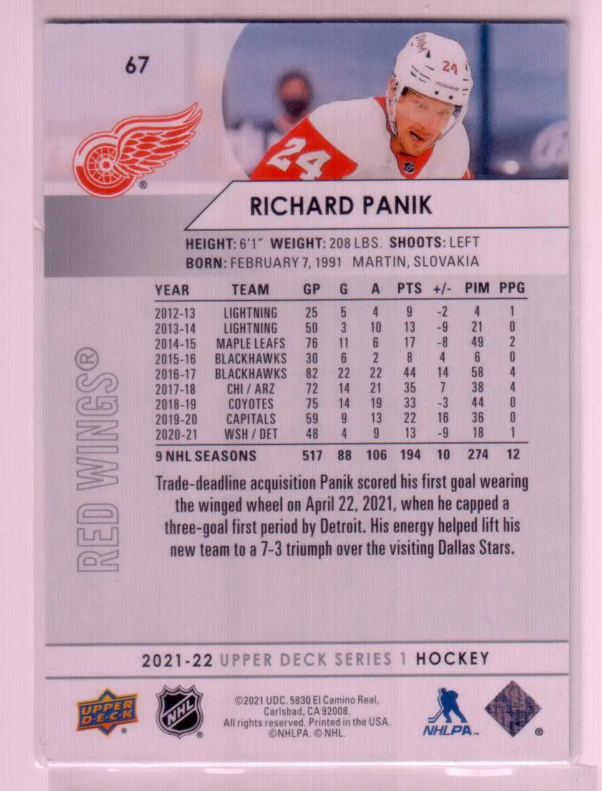 2021-22 Upper Deck Series 1 Base #67 Richard Panik - Detroit Red Wings 1