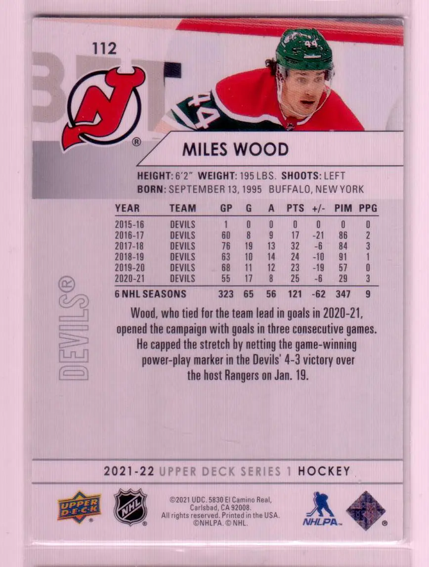 2021-22 Upper Deck Series 1 Base #112 Miles Wood - New Jersey Devils 1
