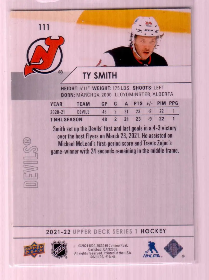 2021-22 Upper Deck Series 1 Base #111 Ty Smith - New Jersey Devils 1