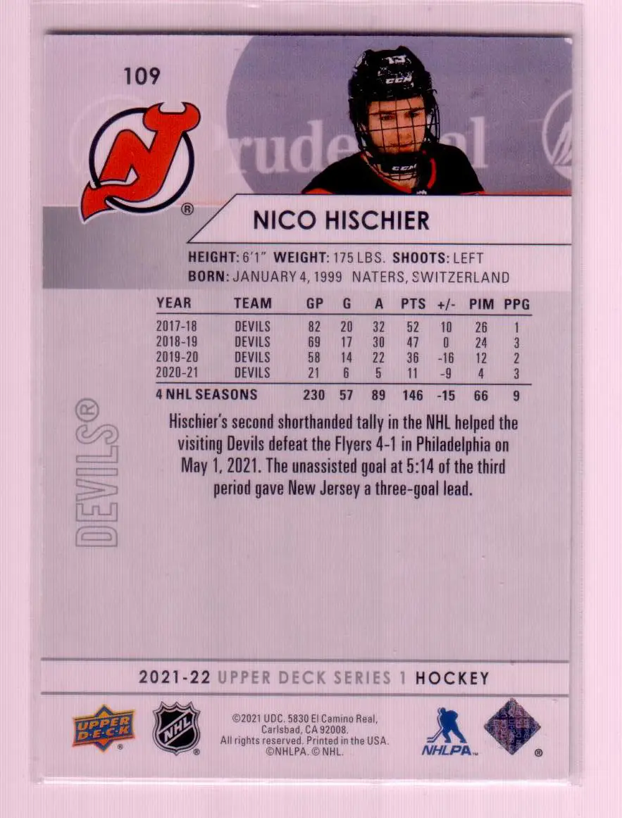 2021-22 Upper Deck Series 1 Base #109 Nico Hischier - New Jersey Devils 1