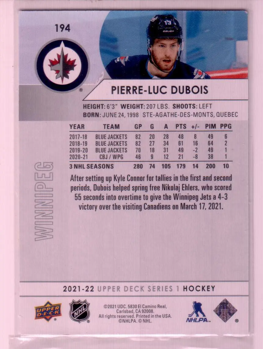 2021-22 Upper Deck Series 1 Base #194 Pierre-Luc Dubois - Winnipeg Jets 1
