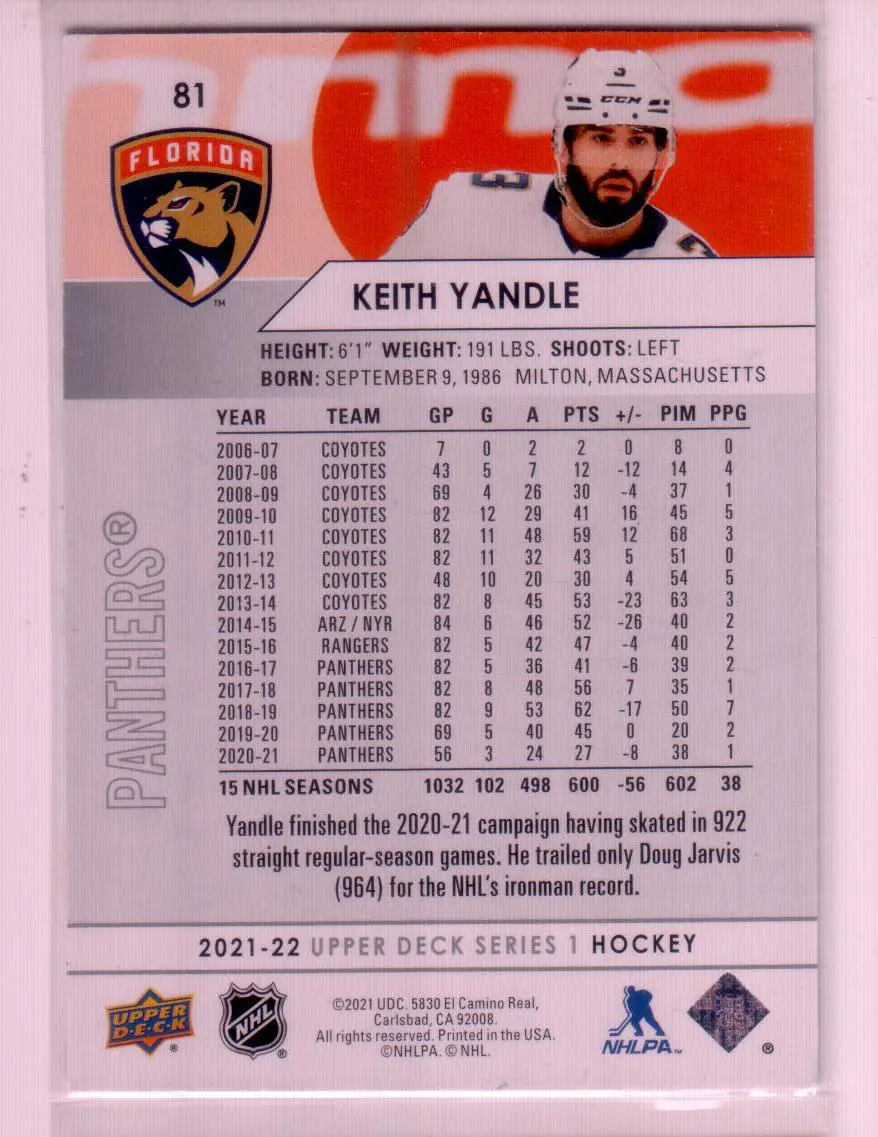 2021-22 Upper Deck Series 1 Base #81 Keith Yandle - Florida Panthers 1
