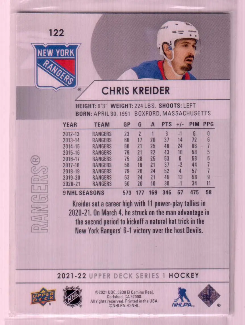2021-22 Upper Deck Series 1 Base #122 Chris Kreider - New York Rangers 1