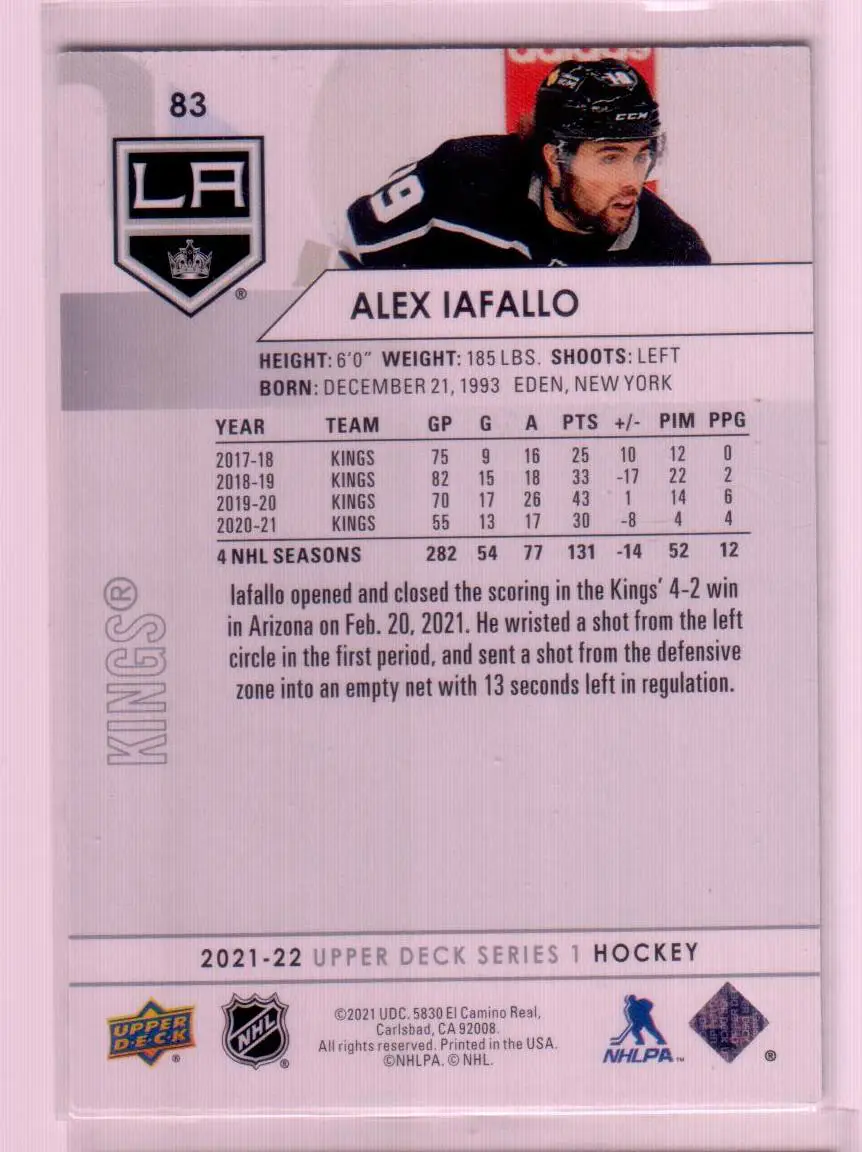 2021-22 Upper Deck Series 1 Base #83 Alex Iafallo - Los Angeles Kings 1
