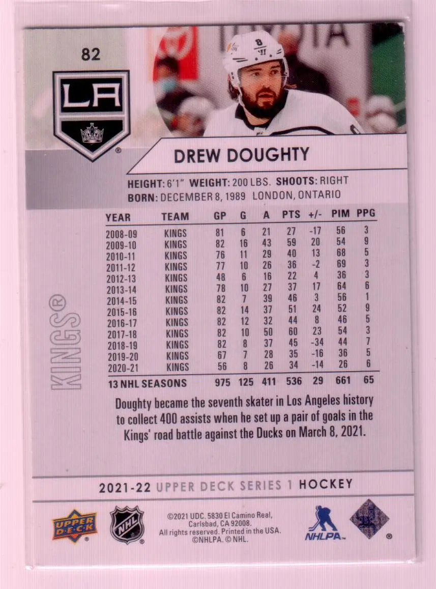 2021-22 Upper Deck Series 1 Base #82 Drew Doughty - Los Angeles Kings 1