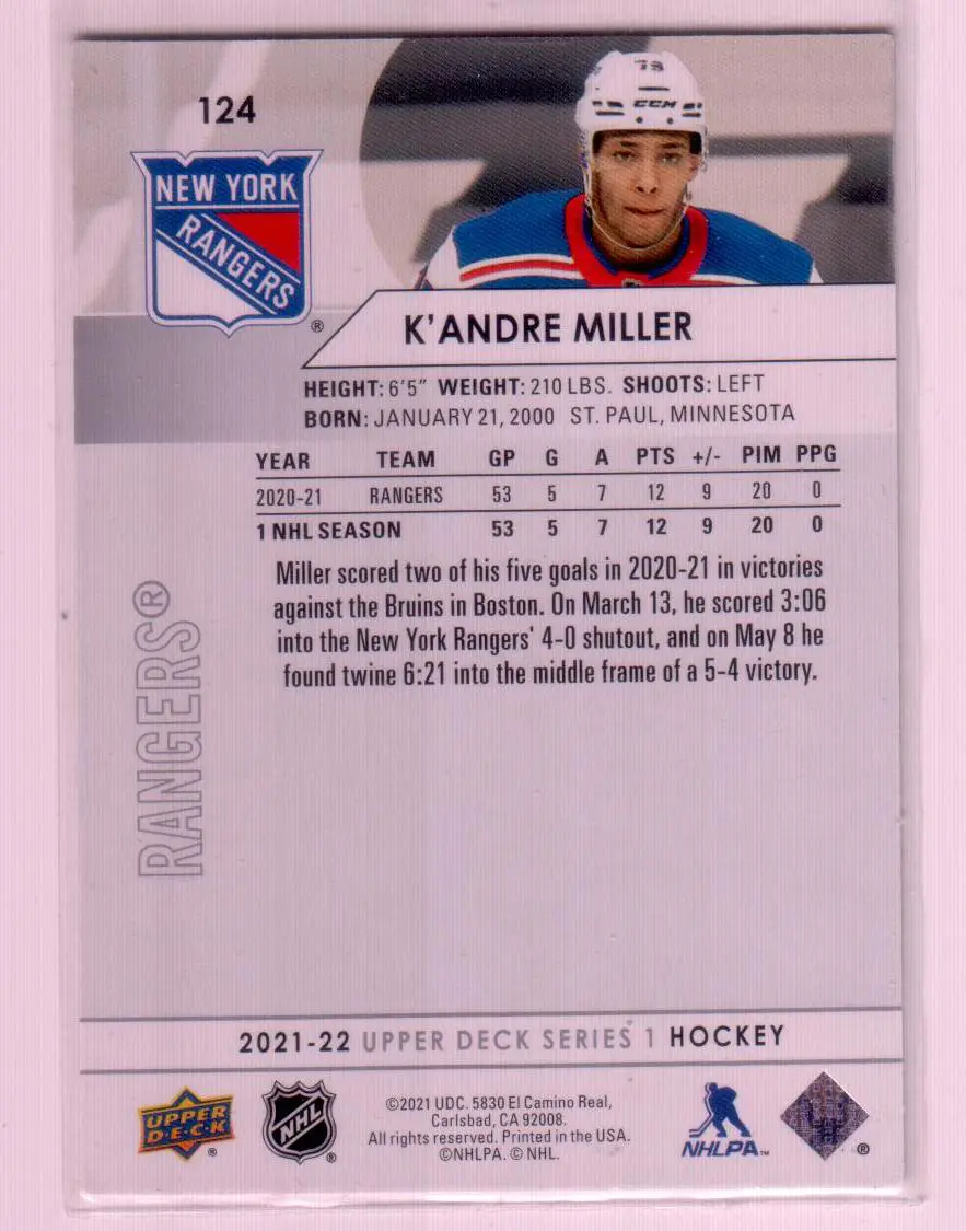 2021-22 Upper Deck Series 1 Base #124 K'Andre Miller - New York Rangers 1