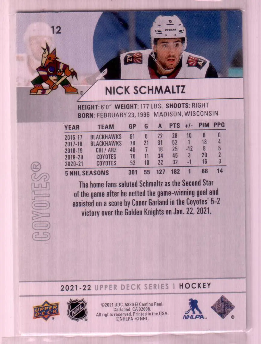 2021-22 Upper Deck Series 1 Base #12 Nick Schmaltz - Arizona Coyotes 1