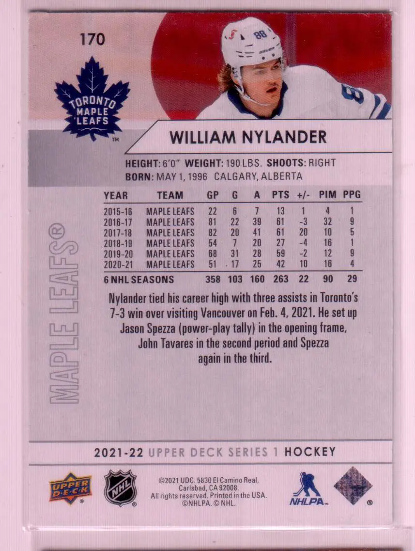 2021-22 Upper Deck Series 1 Base #170 William Nylander - Toronto Maple Leafs 1