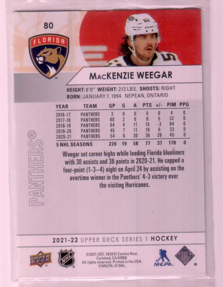 2021-22 Upper Deck Series 1 Base #80 MacKenzie Weegar - Florida Panthers 1