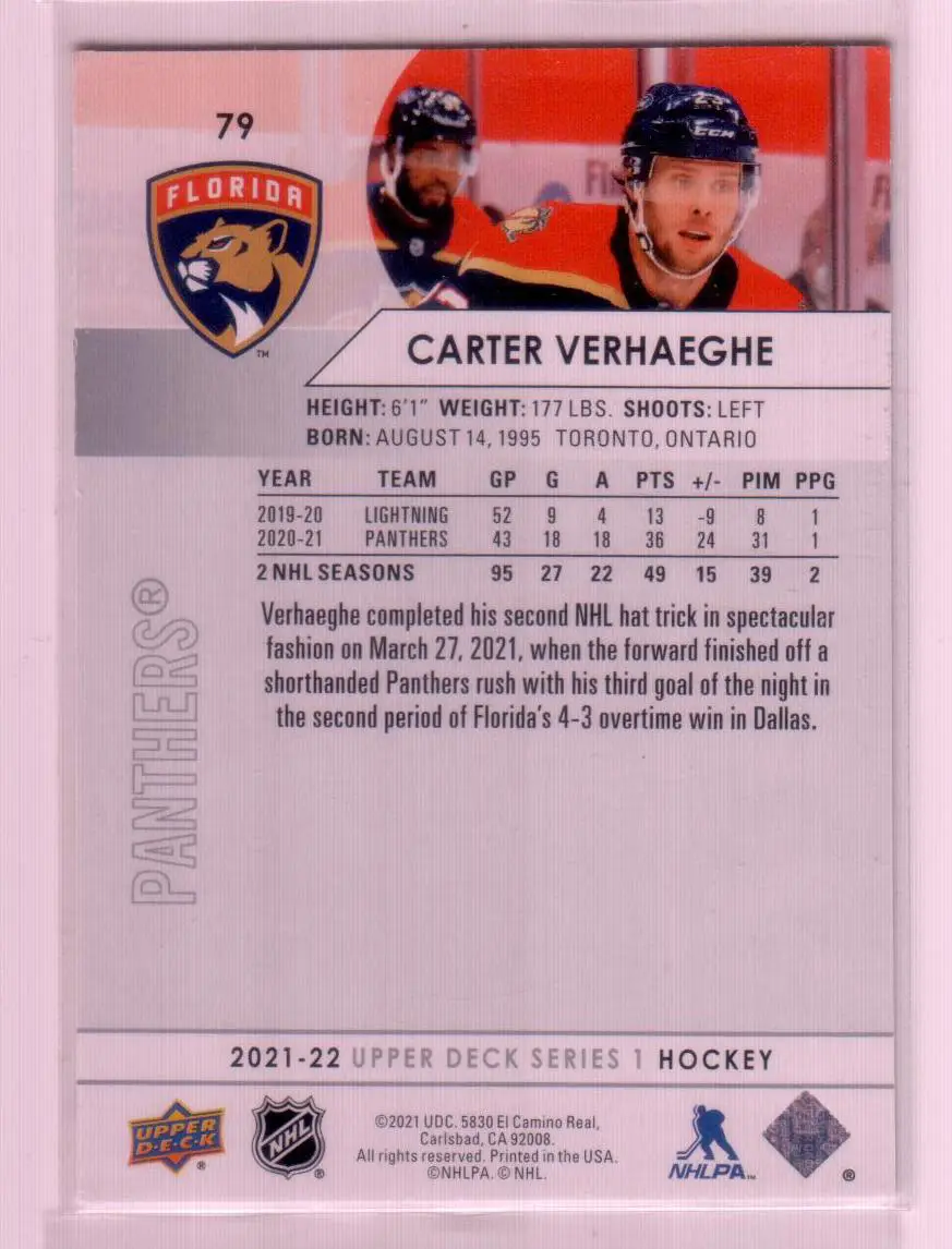 2021-22 Upper Deck Series 1 Base #79 Carter Verhaeghe - Florida Panthers 1