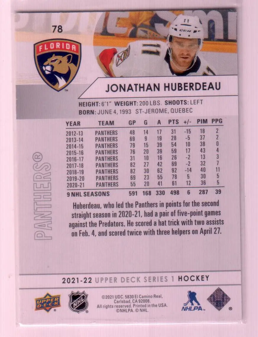 2021-22 Upper Deck Series 1 Base #78 Jonathan Huberdeau - Florida Panthers 1