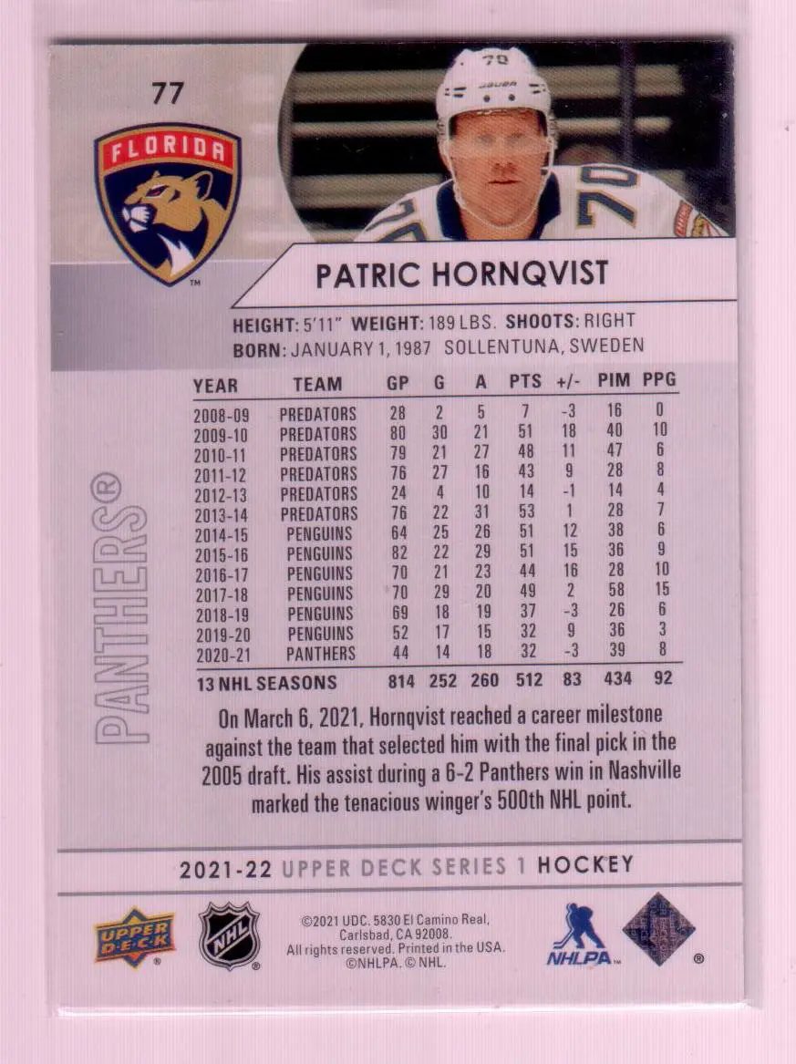 2021-22 Upper Deck Series 1 Base #77 Patric Hornqvist - Florida Panthers 1