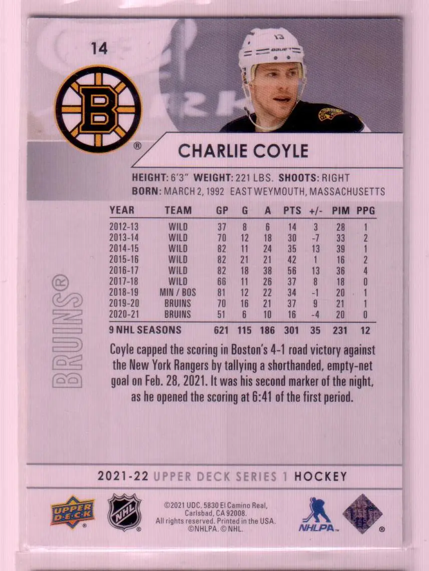 2021-22 Upper Deck Series 1 Base #14 Charlie Coyle - Boston Bruins 1