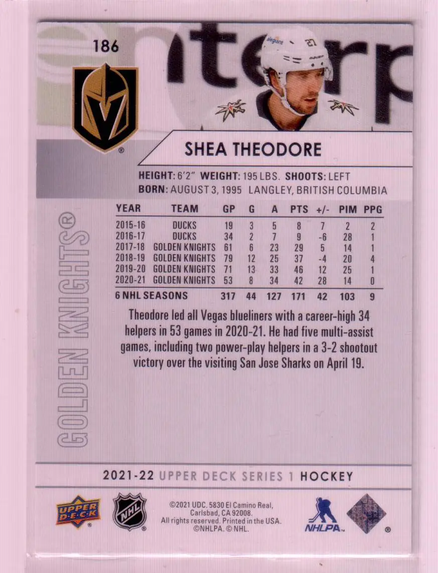 2021-22 Upper Deck Series 1 Base #186 Shea Theodore - Vegas Golden Knights 1