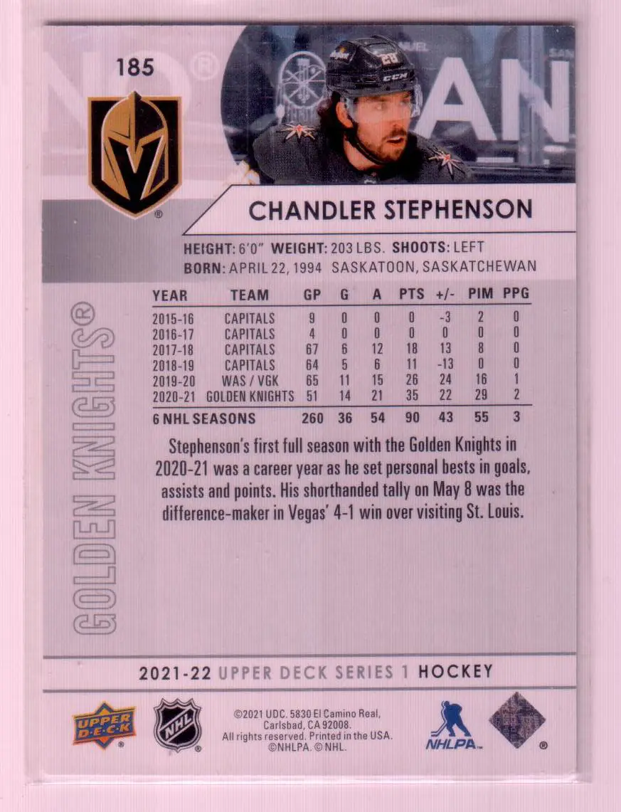 2021-22 Upper Deck Series 1 Base #185 Chandler Stephenson - Vegas Golden Knights 1
