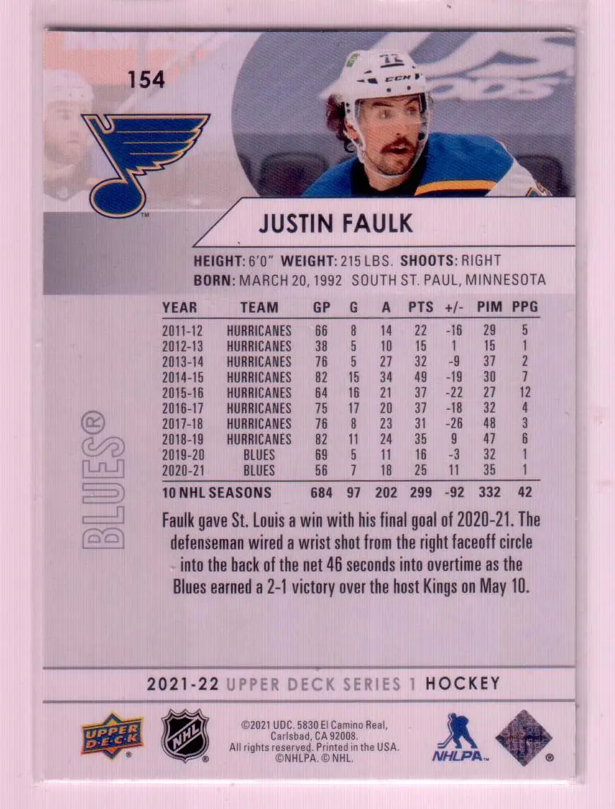 2021-22 Upper Deck Series 1 Base #154 Justin Faulk - St. Louis Blues 1