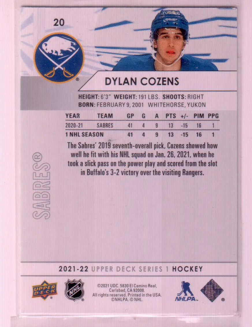 2021-22 Upper Deck Series 1 Base #20 Dylan Cozens - Buffalo Sabres 1