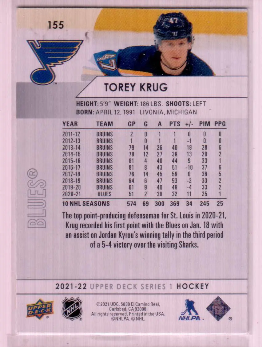 2021-22 Upper Deck Series 1 Base #155 Torey Krug - St. Louis Blues 1