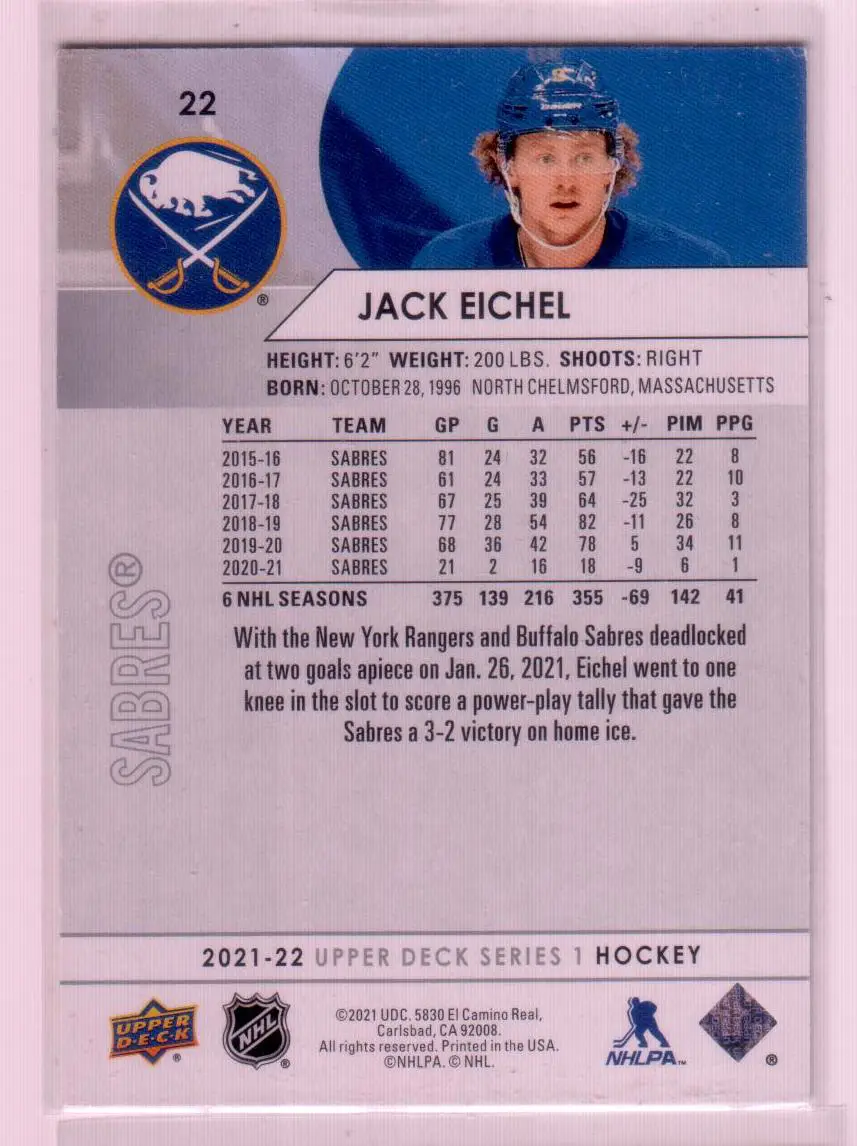 2021-22 Upper Deck Series 1 Base #22 Jack Eichel - Buffalo Sabres 1