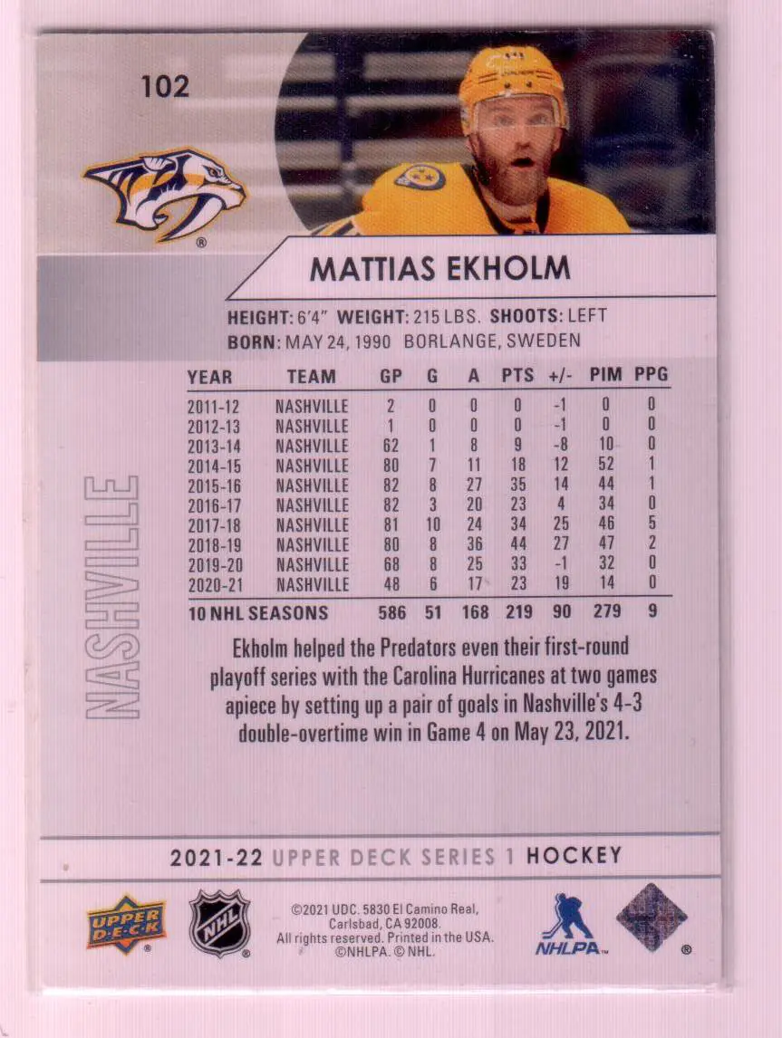 2021-22 Upper Deck Series 1 Base #102 Mattias Ekholm - Nashville Predators 1