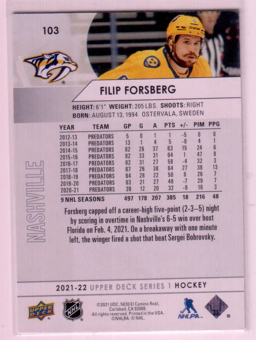 2021-22 Upper Deck Series 1 Base #103 Filip Forsberg - Nashville Predators 1