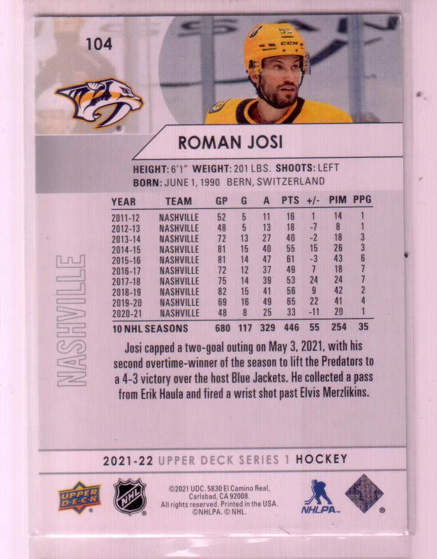 2021-22 Upper Deck Series 1 Base #104 Roman Josi - Nashville Predators 1