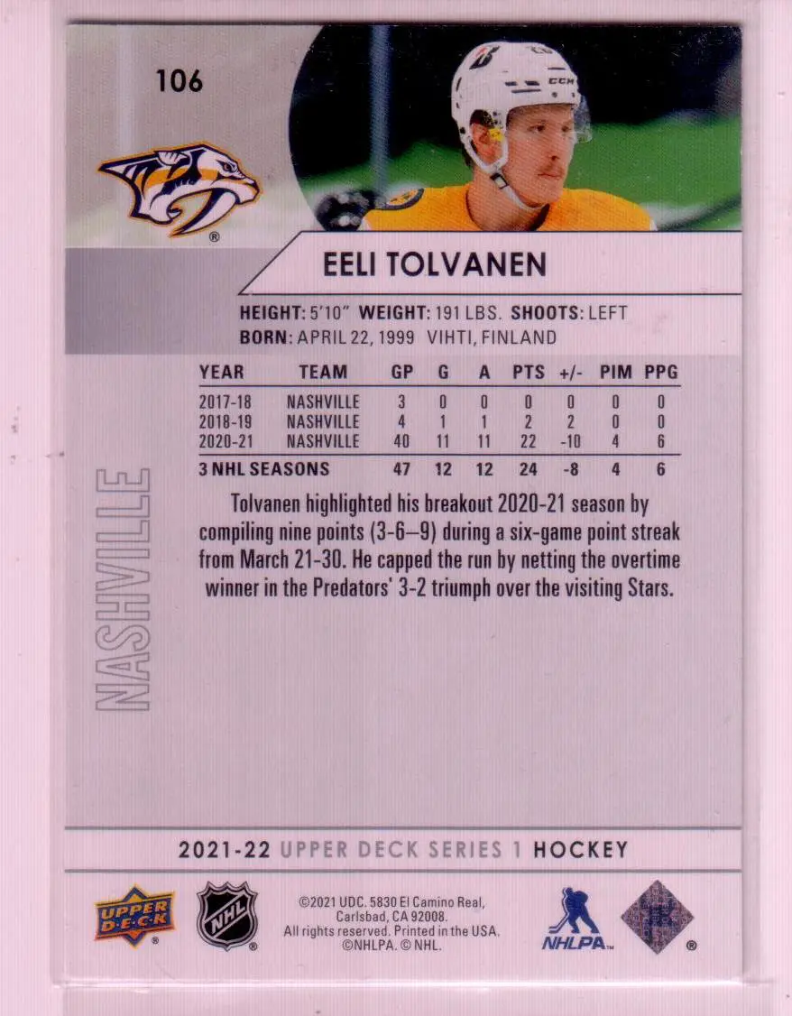 2021-22 Upper Deck Series 1 Base #106 Eeli Tolvanen - Nashville Predators 1