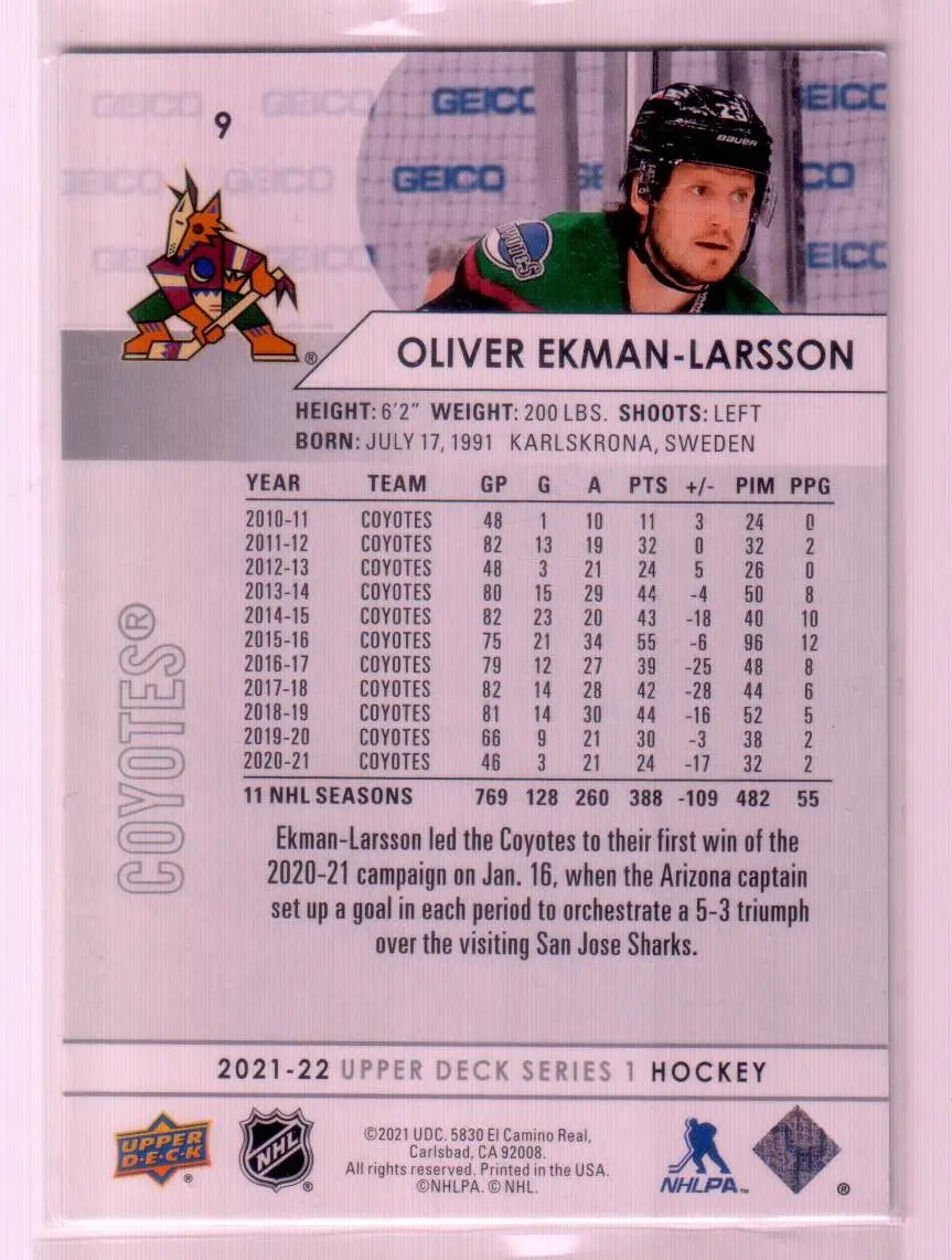 2021-22 Upper Deck Series 1 Base #9 Oliver Ekman-Larsson - Arizona Coyotes 1