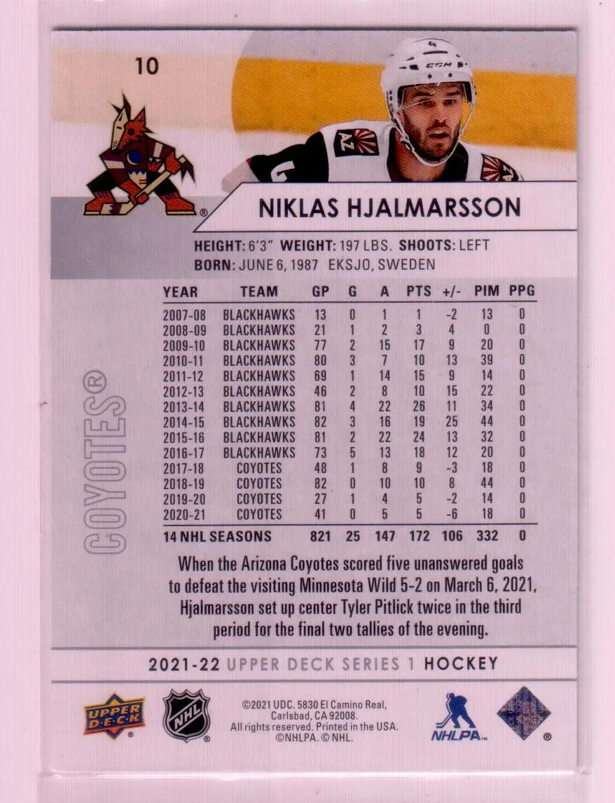 2021-22 Upper Deck Series 1 Base #10 Niklas Hjalmarsson - Arizona Coyotes 1