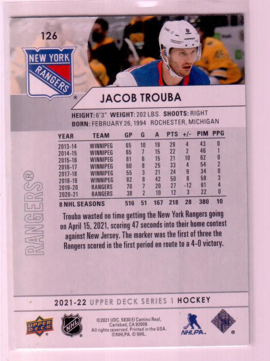 2021-22 UD Series 1 Base #126 Jacob Trouba - New York Rangers 1