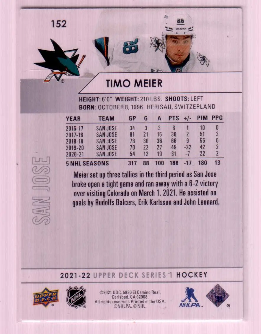 2021-22 Upper Deck Series 1 Base #152 Timo Meier - San Jose Sharks 1