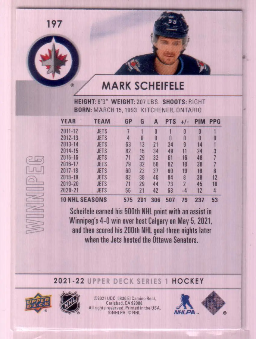 2021-22 Upper Deck Series 1 Base #197 Mark Scheifele - Winnipeg Jets 1