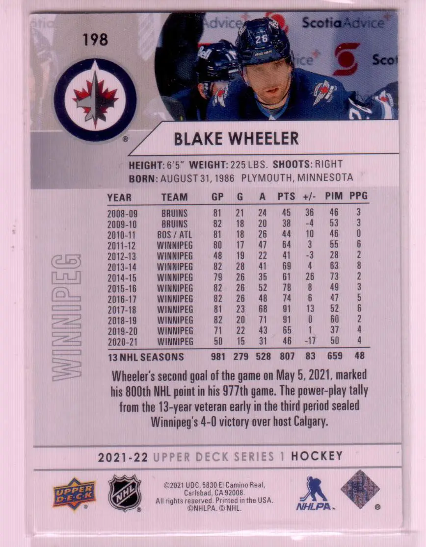 2021-22 Upper Deck Series 1 Base #198 Blake Wheeler - Winnipeg Jets 1